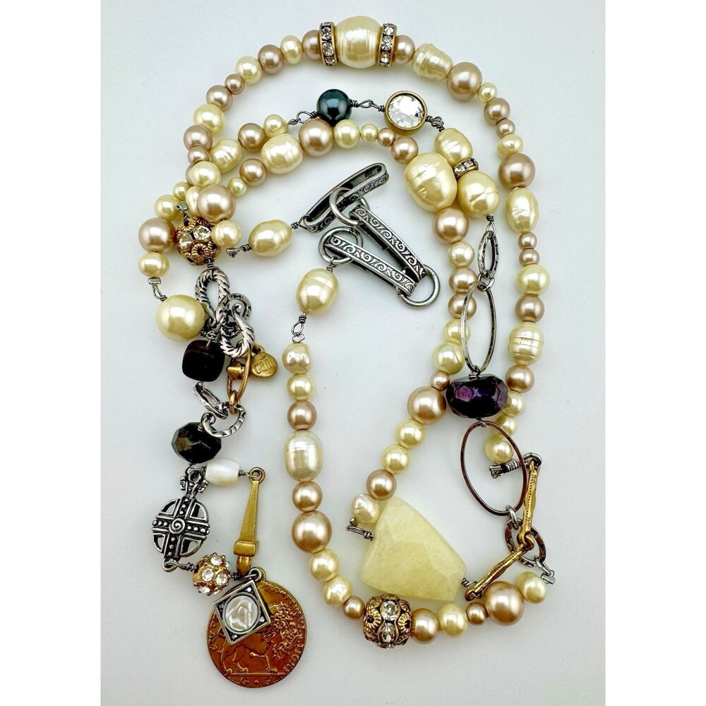 Cabi Treasure Necklace Faux Pearls Charms Coin Crystals Boho Chic Y Drop 32”